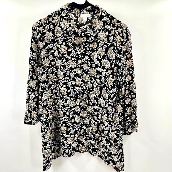 J Jill Rayon Black Cream Floral Blouse 3/4 Sleeve Button Up Shark Bite Hem - Picture 1 of 11